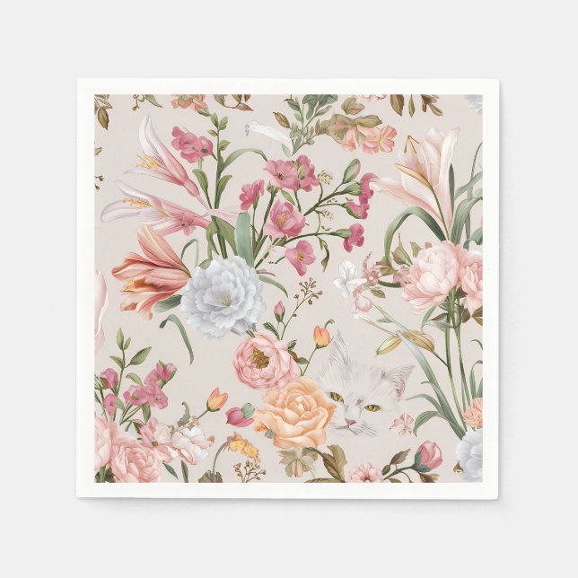 White Cats Pink Roses Floral  Napkin (Front)