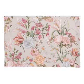 White Cats Pink Roses Floral Pillowcase