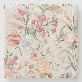 White Cats Pink Roses Floral Stone Coaster