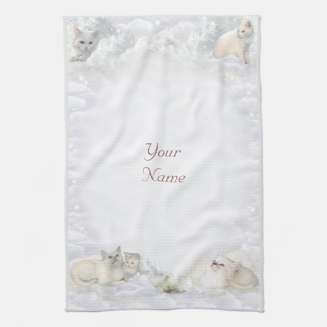 White Cats with your Name Tea Towel (Vertical)