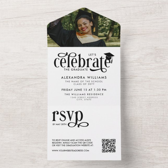 White Celebrate the Graduate Photo QR RSVP All In One Invitation (Inside)