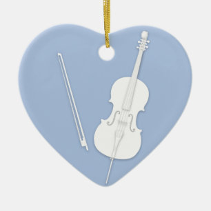 White Cello & Bow Light Blue Custom Heart Ceramic Tree Decoration