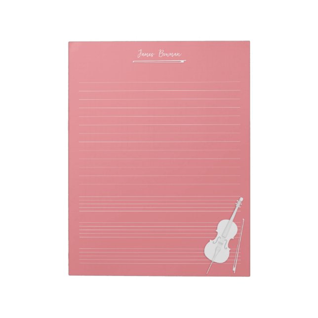 White Cello & Bow Personalised Music Class Mauve Notepad (Rotated)