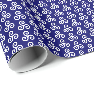 White Celtic Triple Spiral Triskele on Dark Blue Wrapping Paper