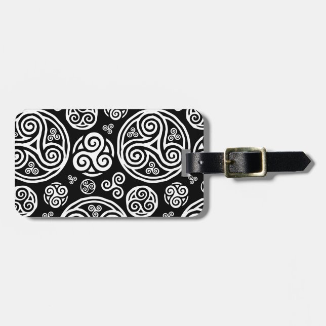 White celtic triskels on black luggage tag (Front Horizontal)