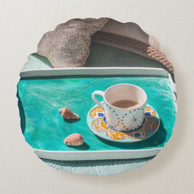 White ceramic mug on white serving tray round cushion (Front)
