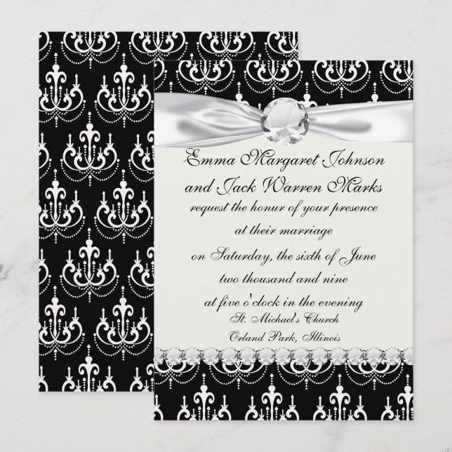 white chadelier on black modern damask design invitation (Front/Back)