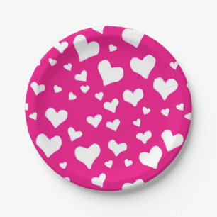 White Chalk Hearts on Fuchsia Pink Paper Plate