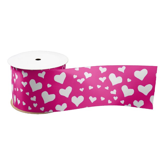 White Chalk Hearts on Fuchsia Pink Satin Ribbon (Spool)