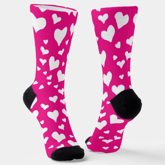 White Chalk Hearts on Fuchsia Pink Socks (Angled)