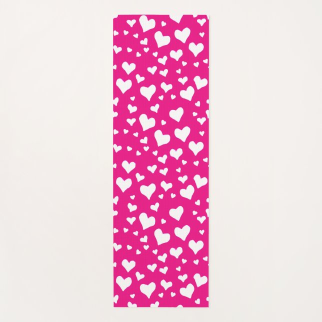 White Chalk Hearts on Fuchsia Pink Yoga Mat (Front)