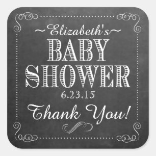 White Chalkboard Look with Scrolls Baby Shower Square Sticker