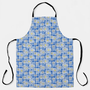 White chamomile flowers on a blue chequered backgr apron