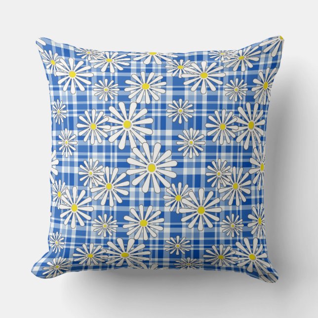 White chamomile flowers on a blue chequered backgr cushion (Front)