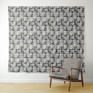 White chamomile flowers on black white checkered b tapestry