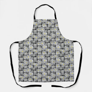 White chamomile flowers on black white chequered b apron