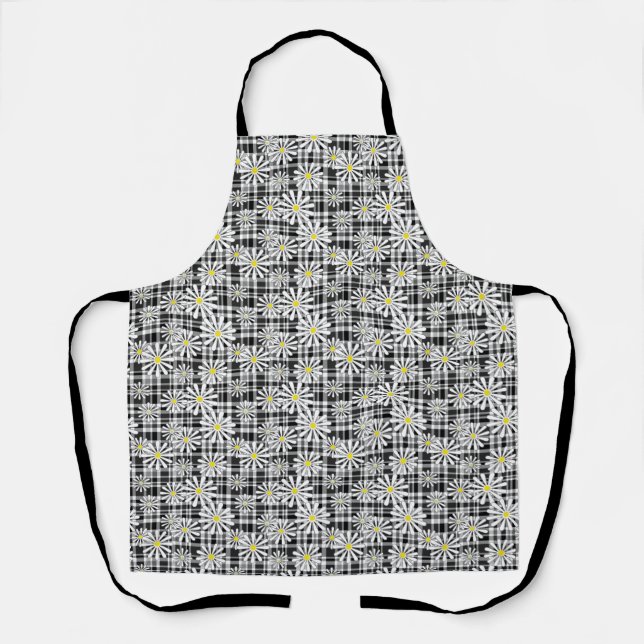 White chamomile flowers on black white chequered b apron (Front)