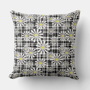 White chamomile flowers on black white chequered b cushion