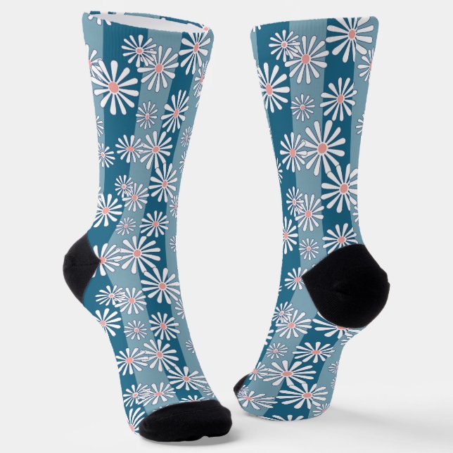 White chamomile flowers on striped blue background socks (Angled)