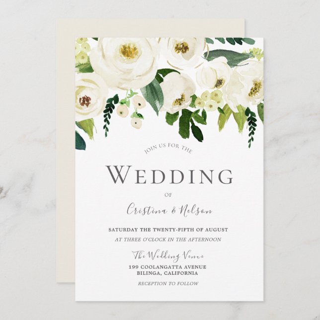 White Champagne Blooming Flowers Wedding Invitation (Front/Back)