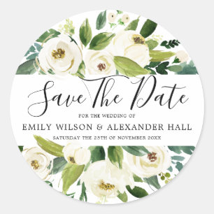 White Champagne Floral Wedding Save The Date Classic Round Sticker