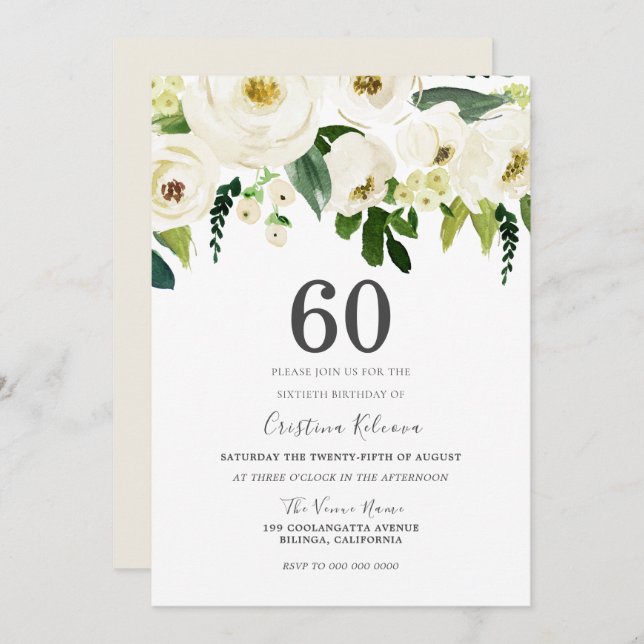 White Champagne Flowers 60th Birthday Party Invitation (Front/Back)