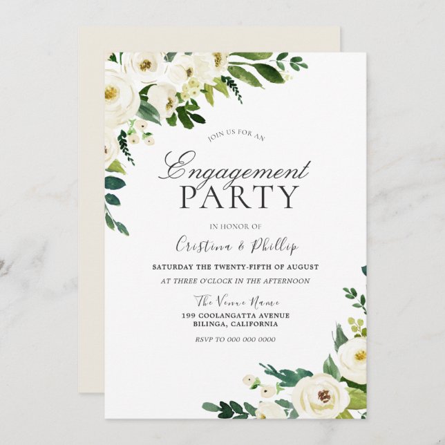 White Champagne Flowers Elegant Engagement Party Invitation (Front/Back)