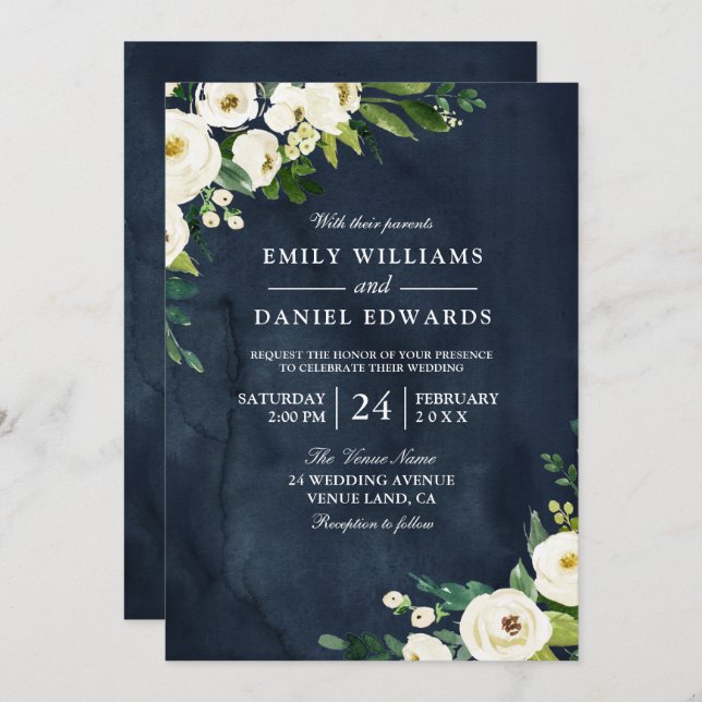 White Champagne Flowers & Navy Wedding Invitation (Front/Back)