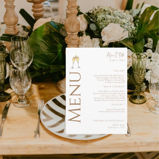 White Champagne Toast Gold text Engagement Party Menu (Creator Uploaded)
