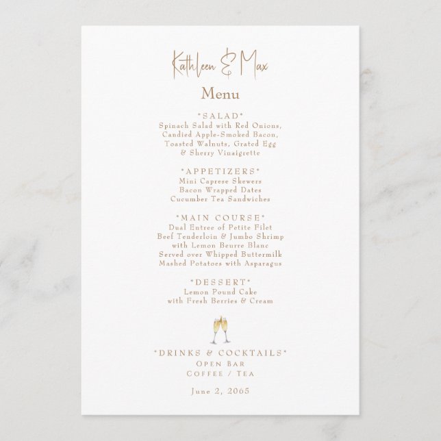 White Champagne Toast II Engagement Party  Menu (Front)