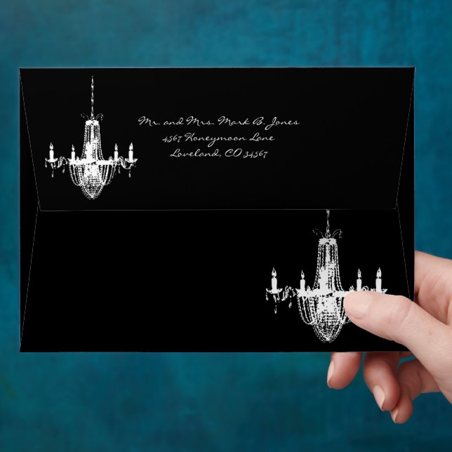 White Chandelier on Black Damask Wedding Envelopes (Hand)
