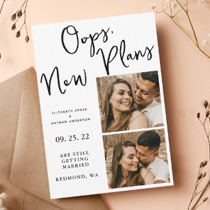 White Change Date Wedding Photo Postponement Save The Date