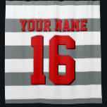 White Charcoal Red Sports Jersey Preppy Stripe Shower Curtain<br><div class="desc">Preppy Striped Team Jersey / Sports Jersey / Football Jersey / Rugby Jersey with Custom Name Customise this with your own name or team name and a number. You can change the size, colour and placement of the text if you need to make changes, change the colour of or remove...</div>