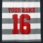 White Charcoal Red Sports Jersey Preppy Stripe Shower Curtain<br><div class="desc">Preppy Striped Team Jersey / Sports Jersey / Football Jersey / Rugby Jersey with Custom Name Customise this with your own name or team name and a number. You can change the size, colour and placement of the text if you need to make changes, change the colour of or remove...</div>