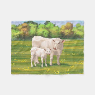 White Charolais Cow & Cute Calf Beef Cattle Fleece Blanket