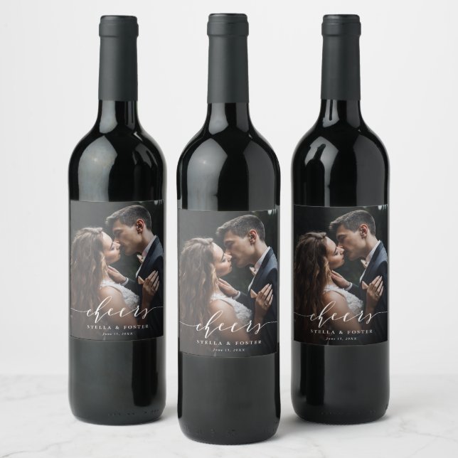 White Cheers Elegant Calligraphy Wedding Photo Wine Label (Bottles)