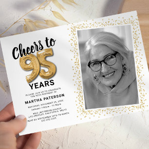 White Cheers to 95 Years Photo Birthday Invitation