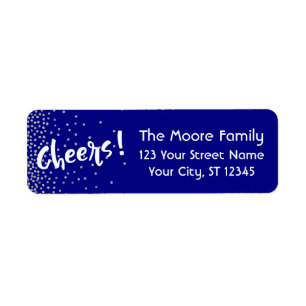 White "Cheers!" w/ Silver Confetti Over Navy