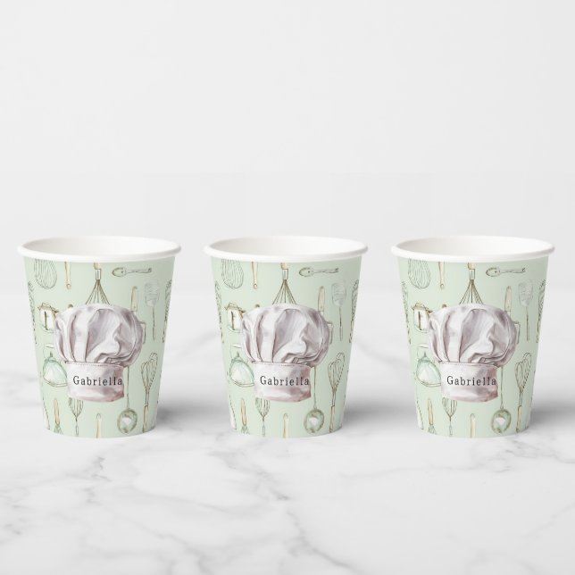 White Chef's Hat Green Kitchen Utensils Paper Cups (Multi)