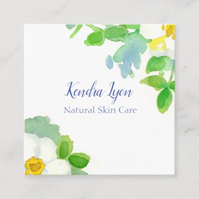 White Cherokee Rose Flowers Watercolor Square Business Card (Front)