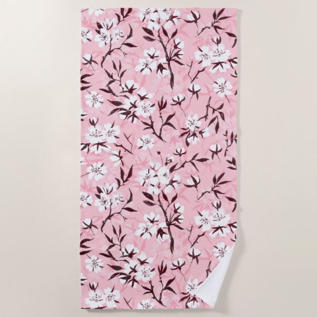 White cherry blossom beach towel (Front)
