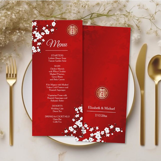 White Cherry Blossom Chinese Wedding Menu Card (Creator Uploaded)