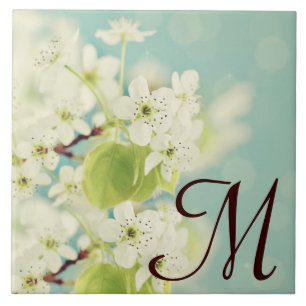 White Cherry Blossom Flower Monogram Display Tile