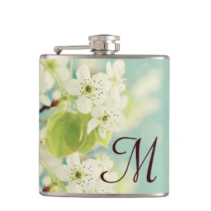 White Cherry Blossom Flower Monogram Whiskey Flask
