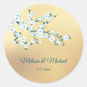 White Cherry Blossom Gold Classic Round Sticker