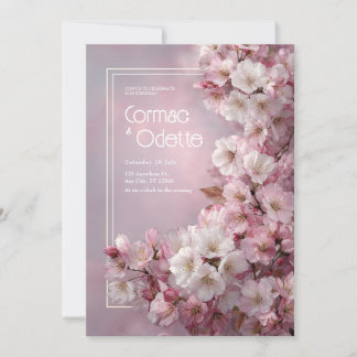 White Cherry Blossom Gold Frame Romantic Wedding Invitation