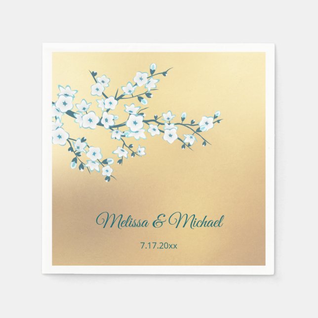 White Cherry Blossom Gold Napkin (Front)
