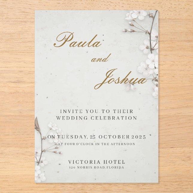 White Cherry Blossom & Gold Script Elegant Wedding Acrylic Invitations (Front)