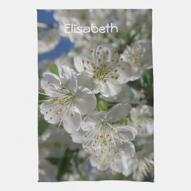 white cherry blossom in spring against a blue sky  tea towel (Vertical)