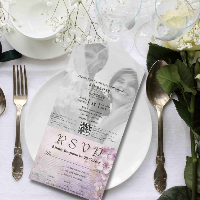 White Cherry Blossom Mauve Photo QR Code Website All In One Invitation (Creator Uploaded)